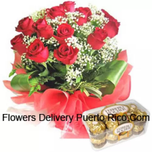 Bunch Of 11 Red Roses With Seasonal Fillers Along With 16 Pcs Ferrero Rochers