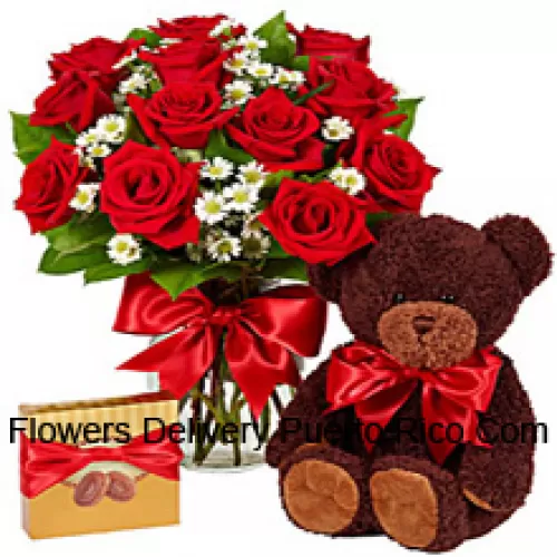 11 roses rouges avec des fougères dans un vase en verre, un mignon nounours de 14 pouces de hauteur et une boîte de chocolats importés