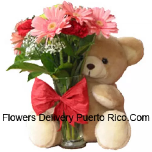 11 Red Carnations And Pink Gerberas In A Glass Vase Decorated With A Bow And Accompanied With A Cuddly Teddy Bear