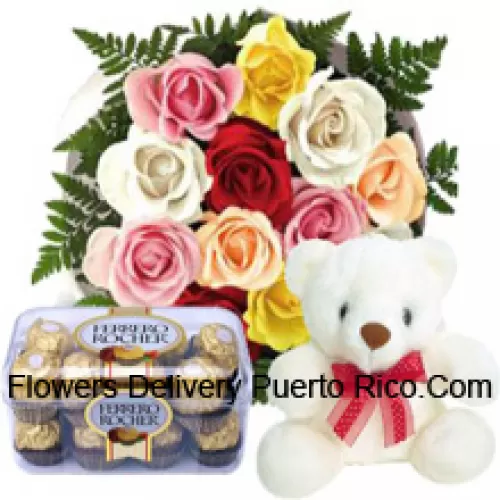 Bunch Of 11 Red Roses With Seasonal Fillers, A Cute 12 Inches Tall White Teddy Bear And A Box Of 16 Pcs Ferrero Rochers