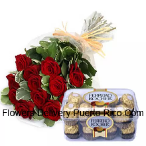 Bouquet de 11 roses rouges avec des garnitures saisonnières accompagnées de 16 Pcs Ferrero Rochers