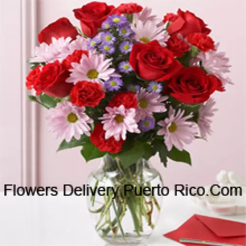 Red Roses, Red Carnations And Pink Gerberas With Seasonal Fillers In A Glass Vase -- 25 Stems And Fillers