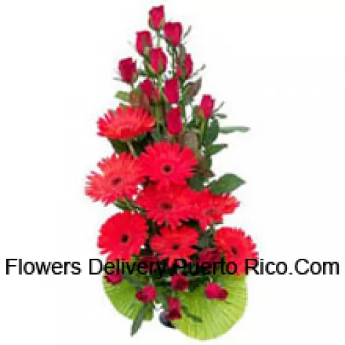 Basket Of Red Roses And Red Gerberas