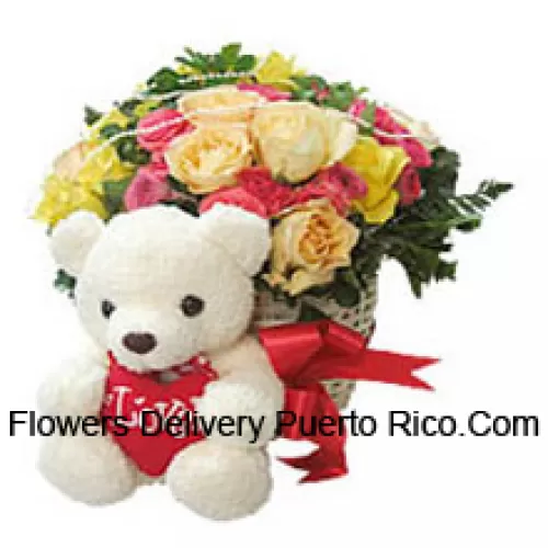 Basket Of 25 Mixed Colored Roses With A Medium Sized Cute Teddy Bear