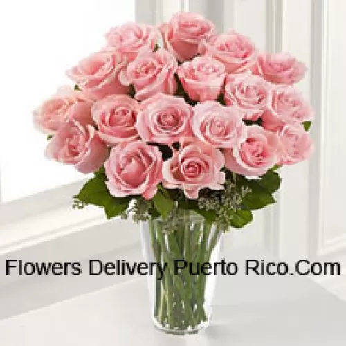 19 Pink Roses With Some Ferns In A Vase
