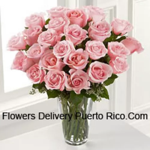 25 Pink Roses With Some Ferns In A Vase