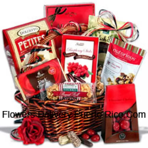 An Exclusive Valentine Gift Basket Having Dark Chocolate Bars, Chocolate Wafer Petites, English Toffee Singles, Chocolate Cherries, Cherry Vanilla Va-Voom Nut Confection, Peanut Roll, Dark Chocolate Raspberry Sticks And Almond Roca Buttercrunch Toffee Box (Please Note That We Reserve The Right To Substitute Any Product With A Suitable Product Of Equal Value In Case Of Non-Availability Of A Certain Product)