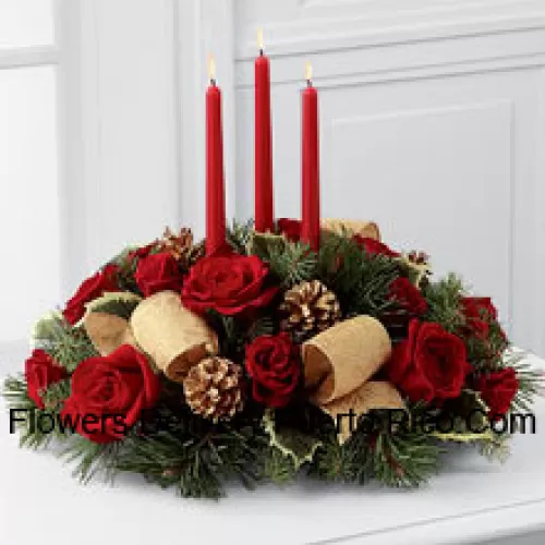This Centerpiece?is a grand display of holiday elegance. Red roses and spray roses pop against a backdrop of assorted holiday greens and variegated holly that beautifully encircle three red taper candles. Accented with gold pinecones and gold metallic brocade ribbon, this centerpiece creates a warm and enchanting glow to benefit their holiday festivities. (Please Note That We Reserve The Right To Substitute Any Product With A Suitable Product Of Equal Value In Case Of Non-Availability Of A Certain Product)